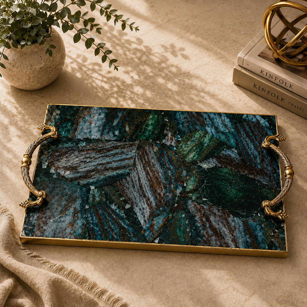 Green Aventurine Rectangular Tray with Royal Arch brass handles – styled with books, deep teal-green stone, gold finish, India