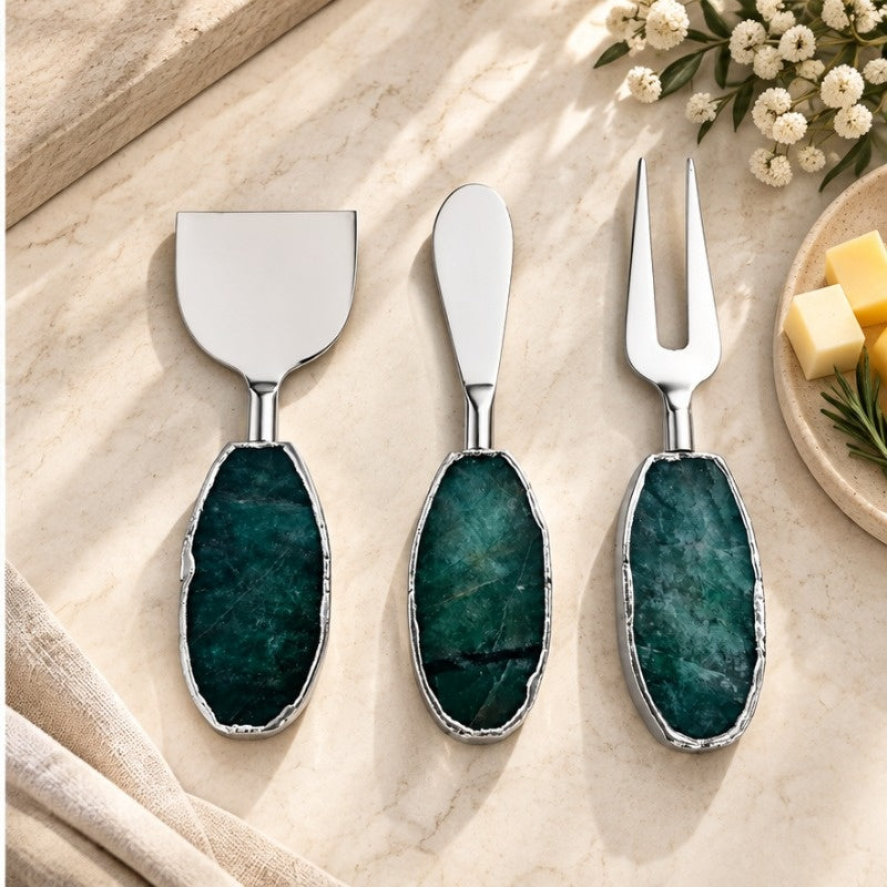 Green Agate Oval Cheese Knife Set