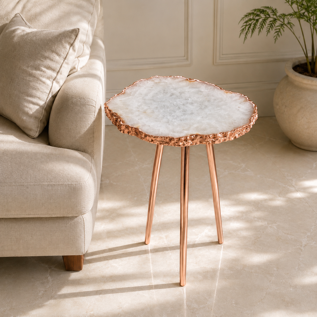 Large White Grey Agate Organic Edge Side Table
