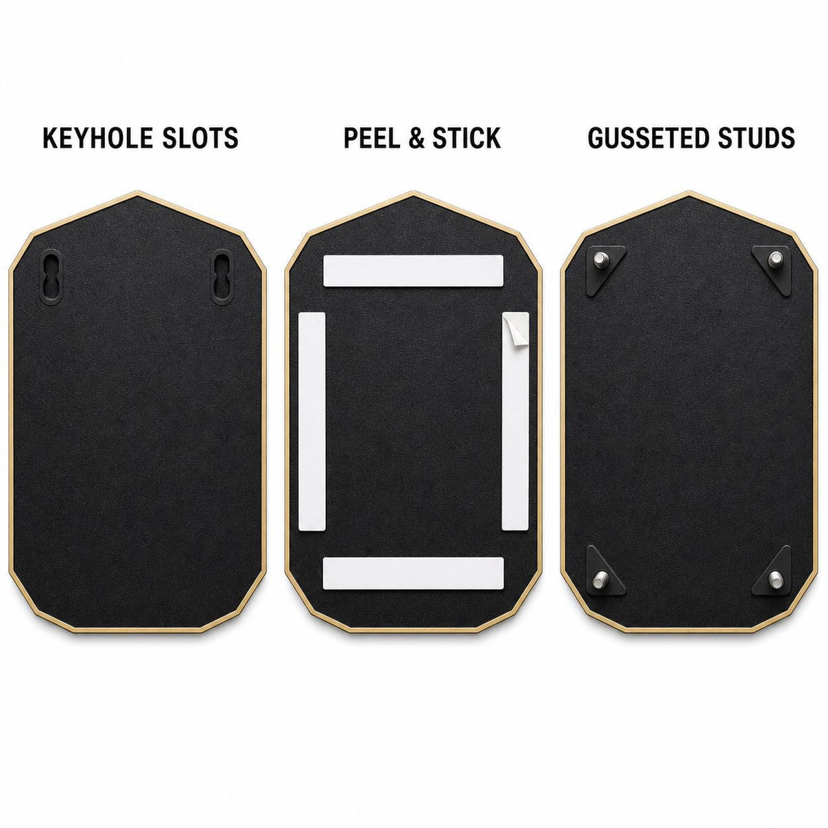 Mounting diagram for the Aspen Leaf plaque comparing keyhole slots, peel-and-stick tape and gusseted studs