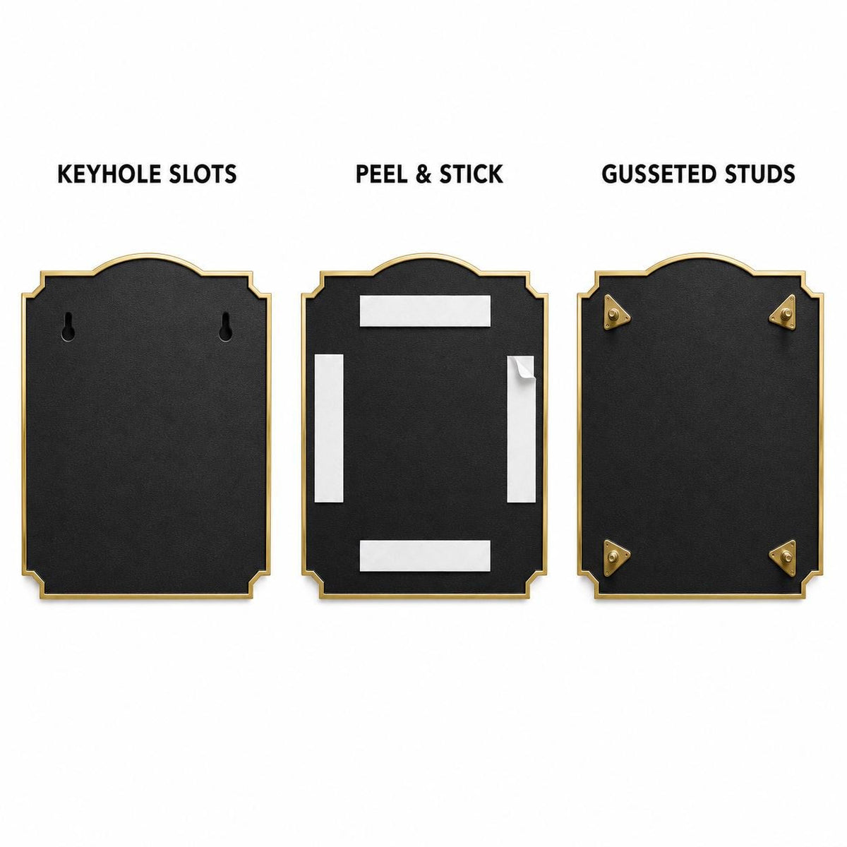 Mounting diagram for the Shared Driveway plaque comparing keyhole slots, peel-and-stick tape and studs