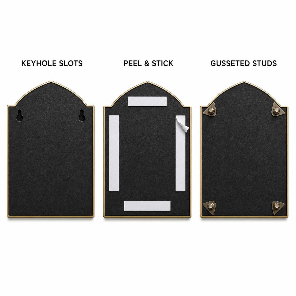 Mounting diagram for the Craftsman Arch plaque comparing keyhole slots, peel-and-stick tape and gusseted studs