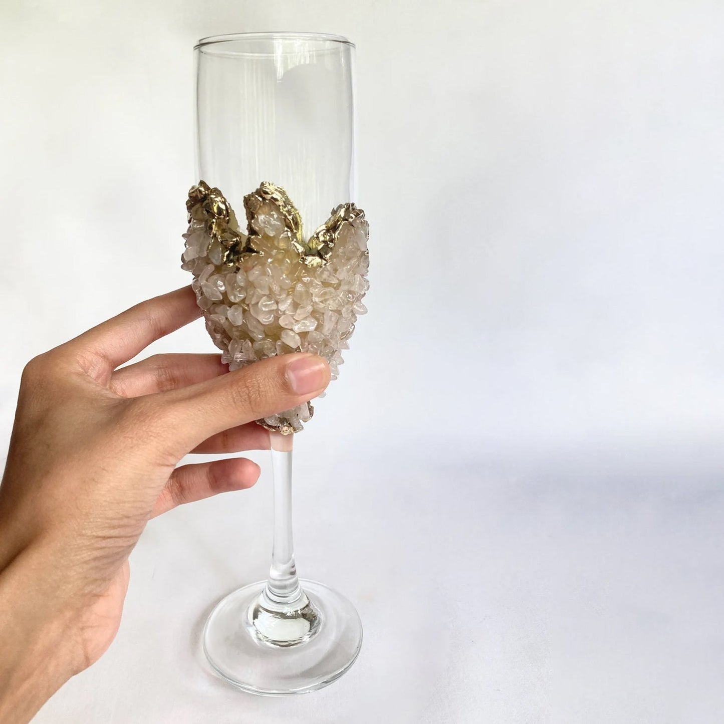 Set of 2 |Crystal Wine/Champagne Glasses with Gold Plated Rose Quartz Agate/Quartz Semi-precious Crystals | 7 oz/215 ml
