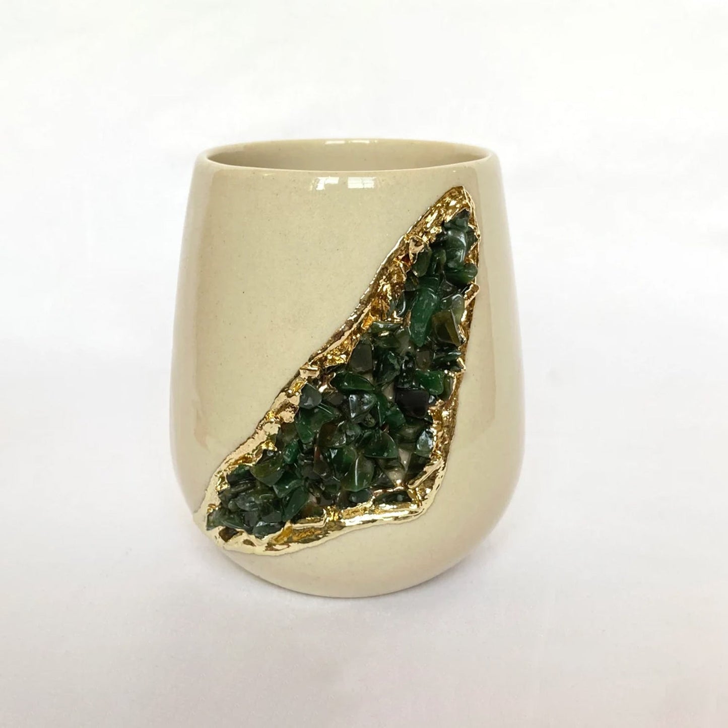 Cream and Gold Ceramic Vase/Planter/Pot/Wine Goblet/Mug with Green Semi-precious Agate Crystal Gemstones