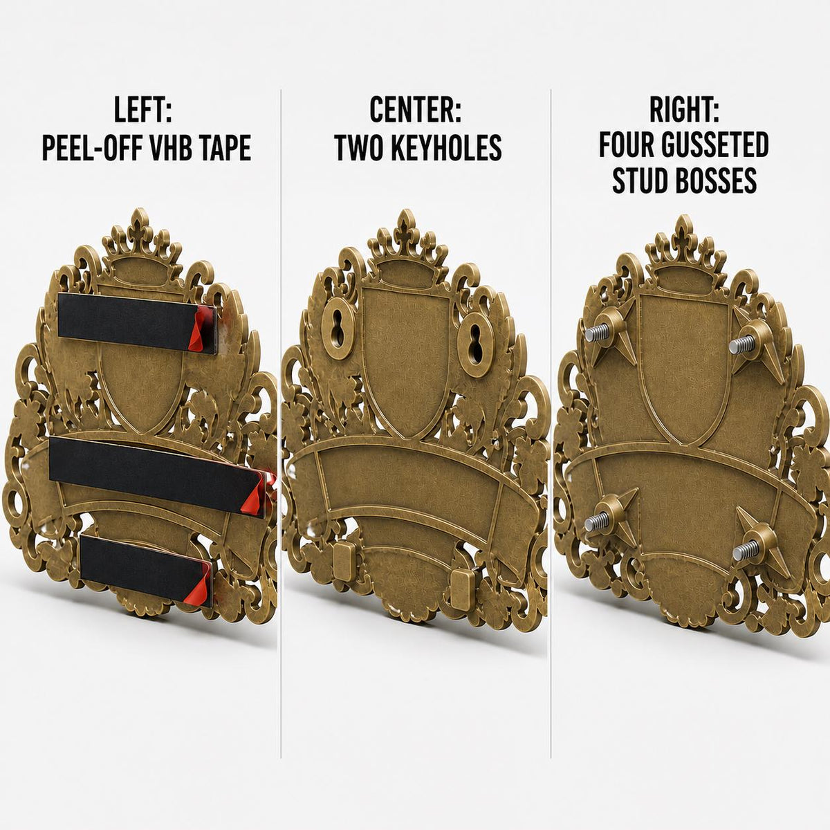 Mounting diagram for the Pomegranate plaque comparing keyhole slots, peel-and-stick tape and studs