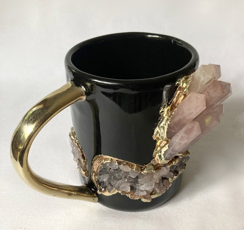 Set of 2 |Black and Gold Ceramic Big Coffee/Tea/Juice/Beverage Mug with Rose Quartz Semi-precious Agate Crystal | 12 oz/355 ml