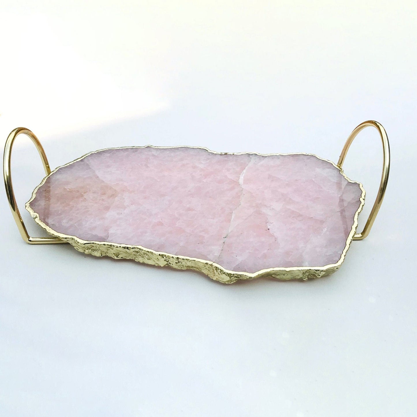 Rose Quartz Agate Serving Tray With Brass Loop Handles