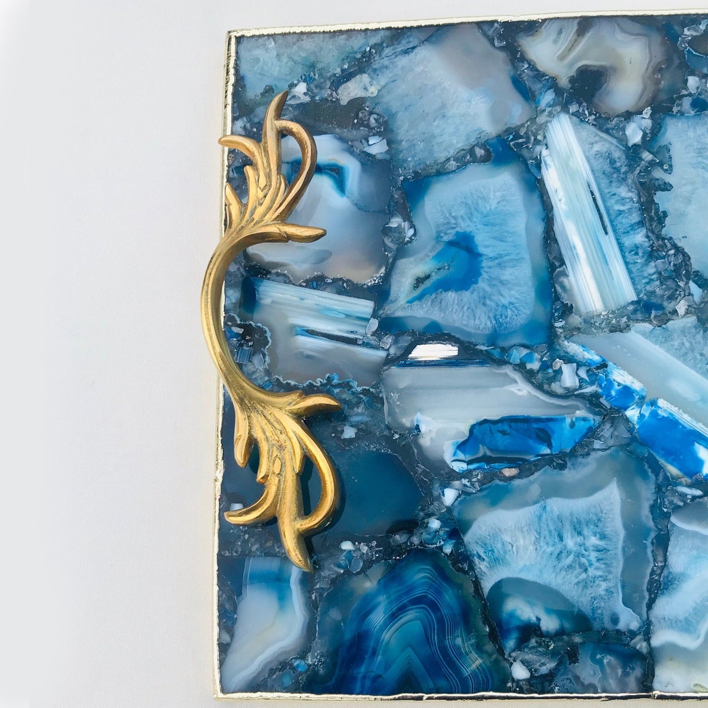 Blue Agate Serving Tray With Brass Handles