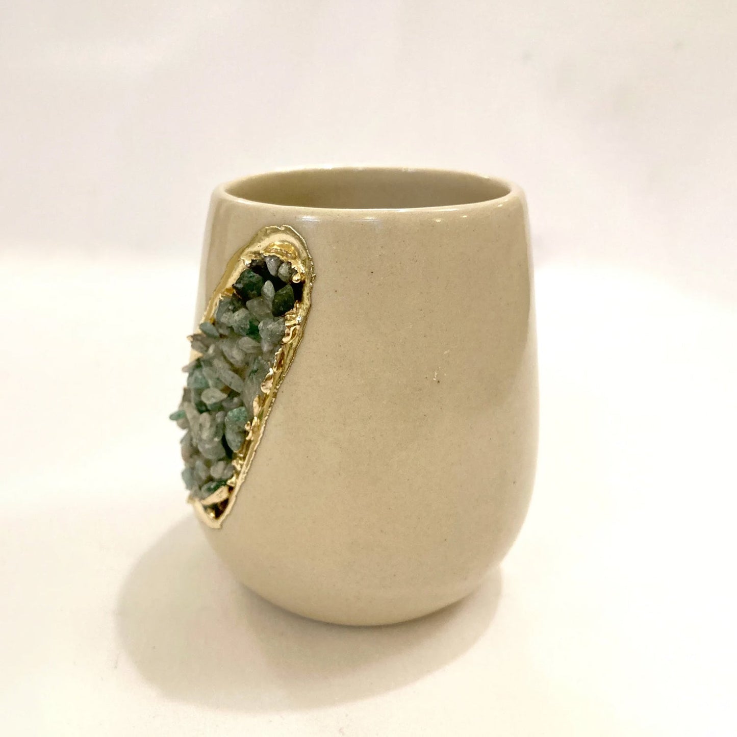Cream and Gold Ceramic Vase/Planter/Pot/Wine Goblet/Mug with Light Green Semi-precious Agate Crystal Gemstones