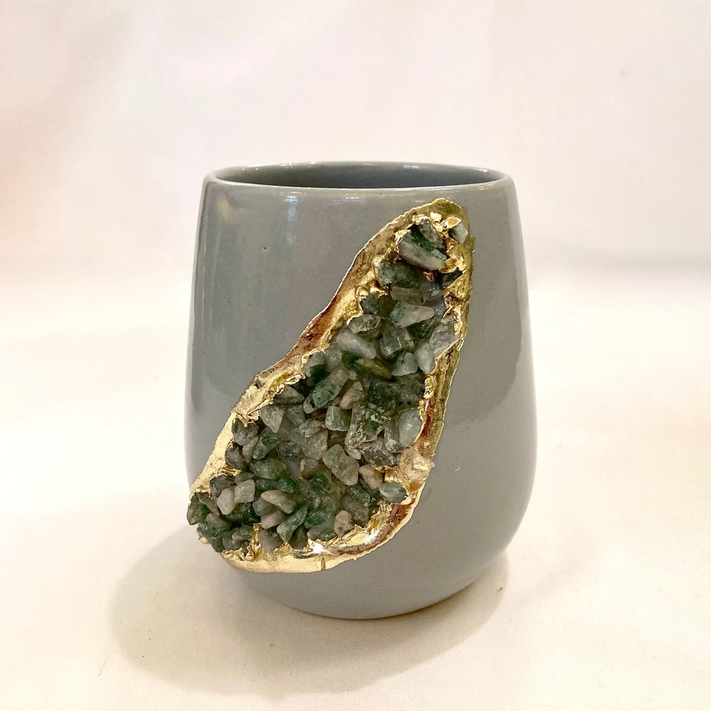 Grey and Gold Ceramic Vase/Planter/Pot/Wine Goblet/Mug with Light Green Semi-precious Agate Crystal Gemstones