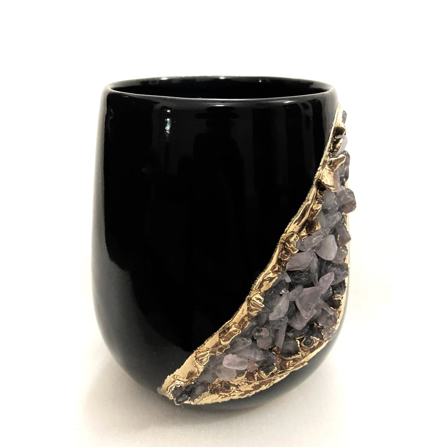 Black and Gold Ceramic Vase/Planter/Pot/Wine Goblet/Mug with Rose Quartz Semi-precious Agate Crystal Gemstones