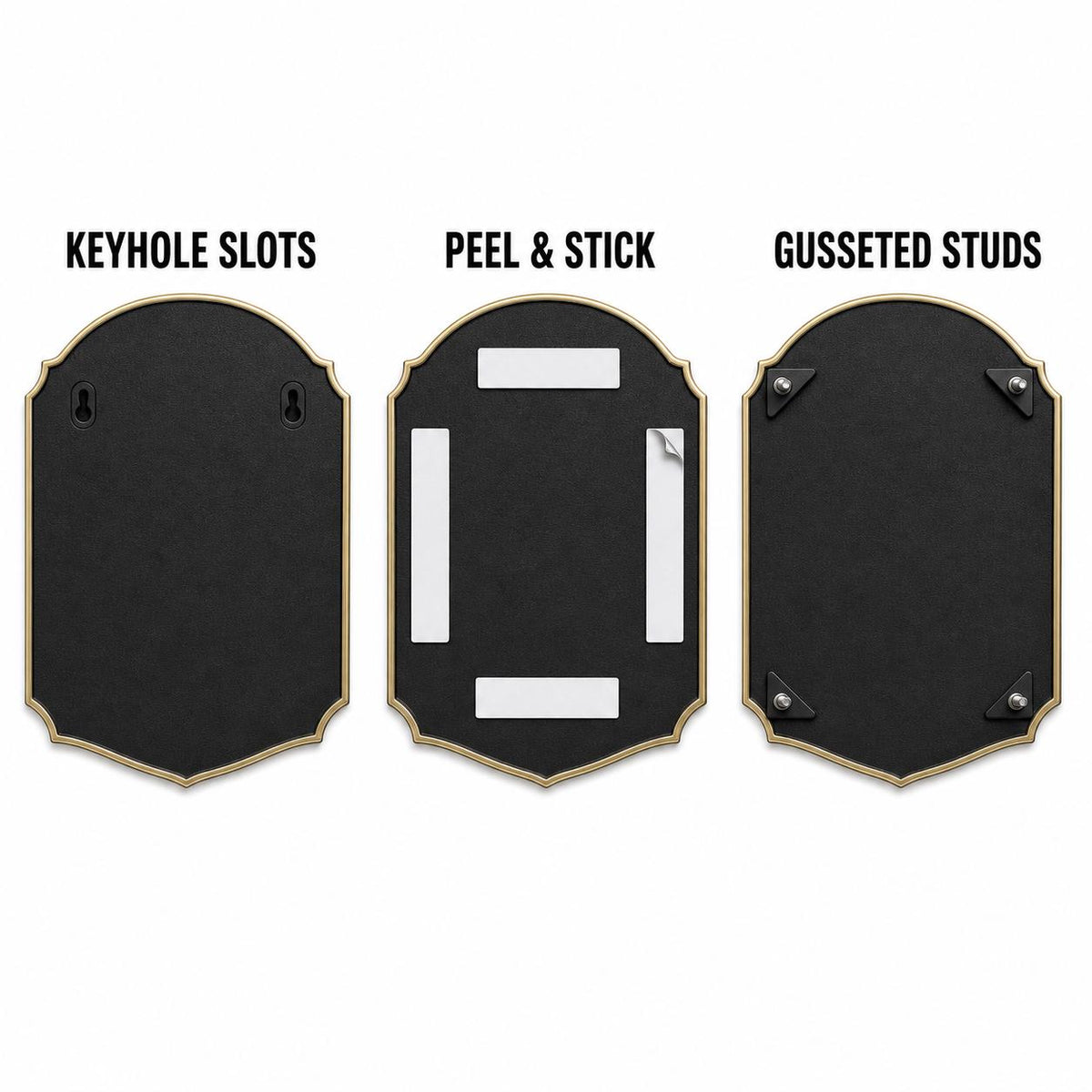 Mounting diagram for the Rose plaque comparing keyhole slots, peel-and-stick tape and gusseted studs