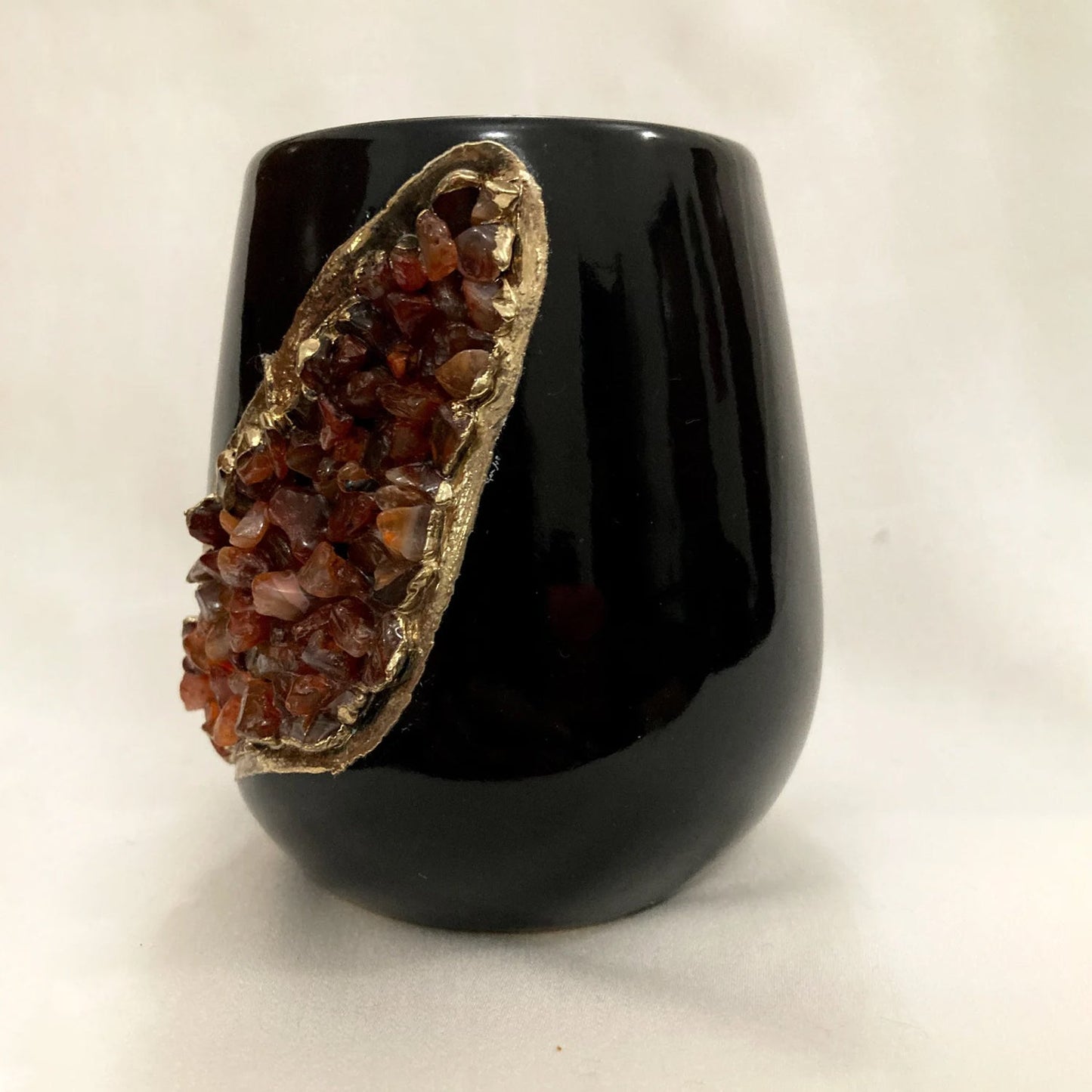 Black & Gold Ceramic Vase with Red Agate