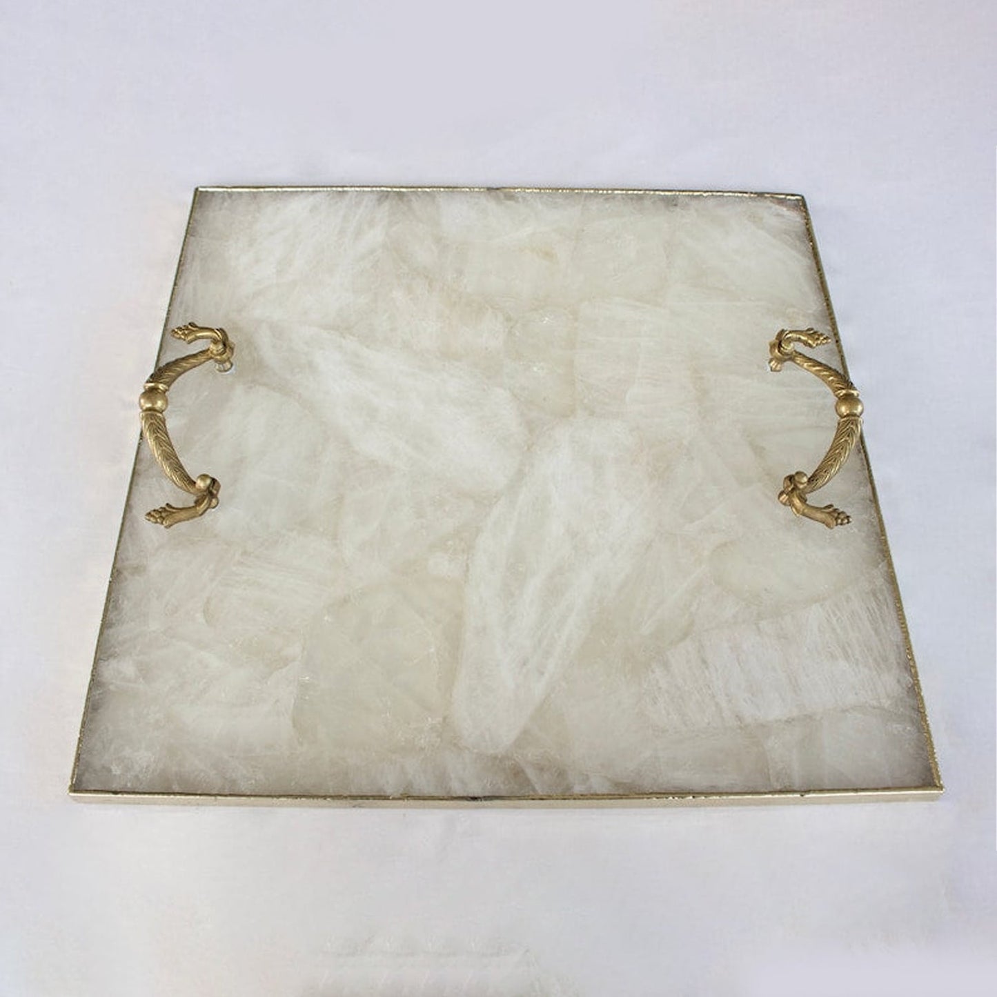 White Agate Serving Tray With Brass Handles | Square