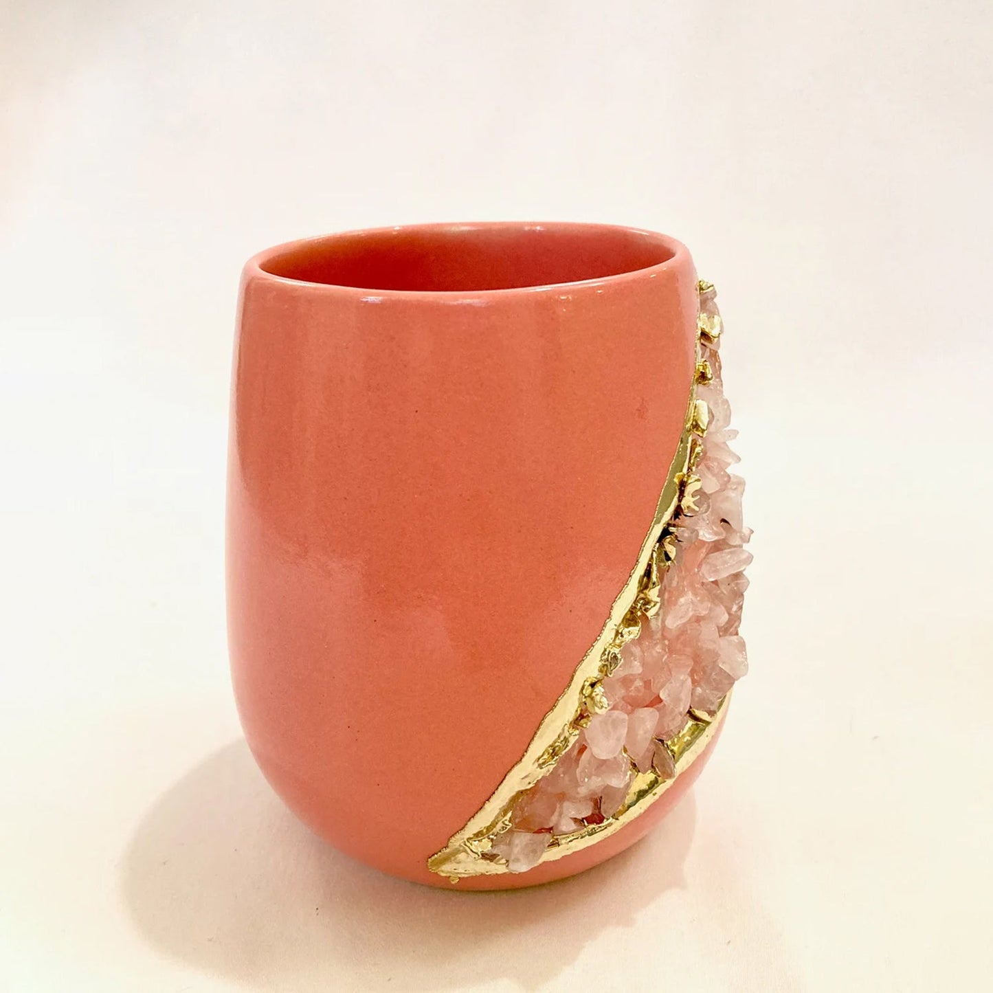 Pink & Gold Ceramic Vase with Rose Quartz