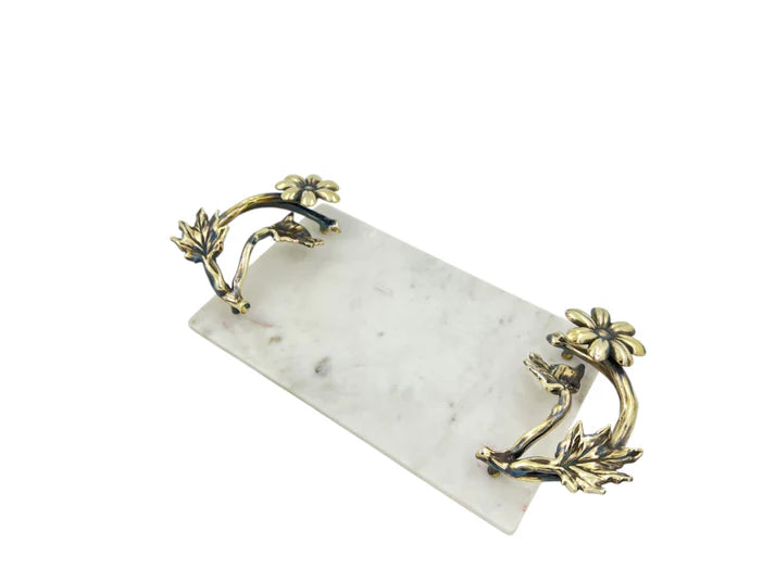 White Marble Tray with Gilded Floral Handles | Decorative Serveware | Decorative Tray