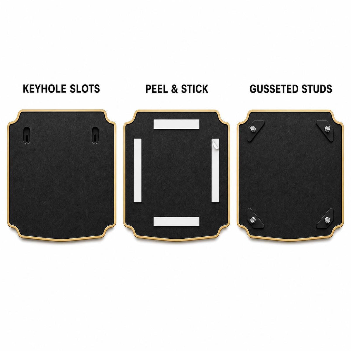 Mounting diagram for the Pine Bough & Cone plaque comparing keyhole slots, peel-and-stick tape and gusseted studs