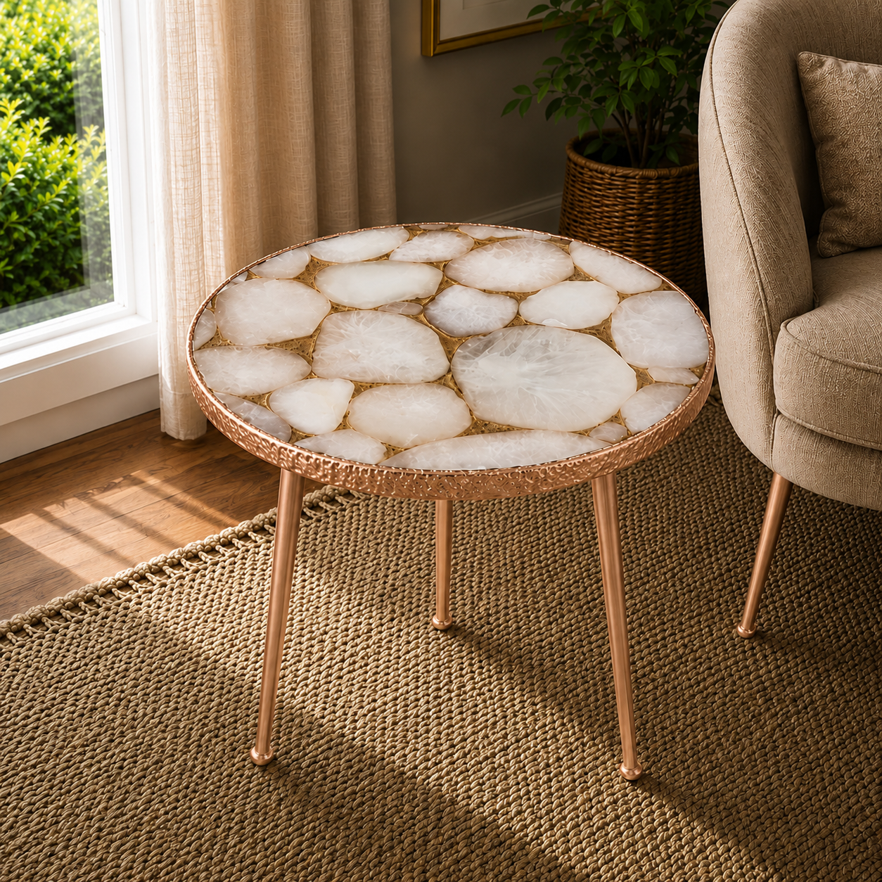 Gold Sparkle White Agate Round Side Table
