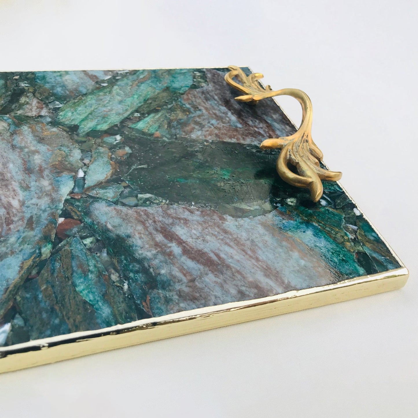 Green Aventurine Agate Serving Tray With Brass Handles