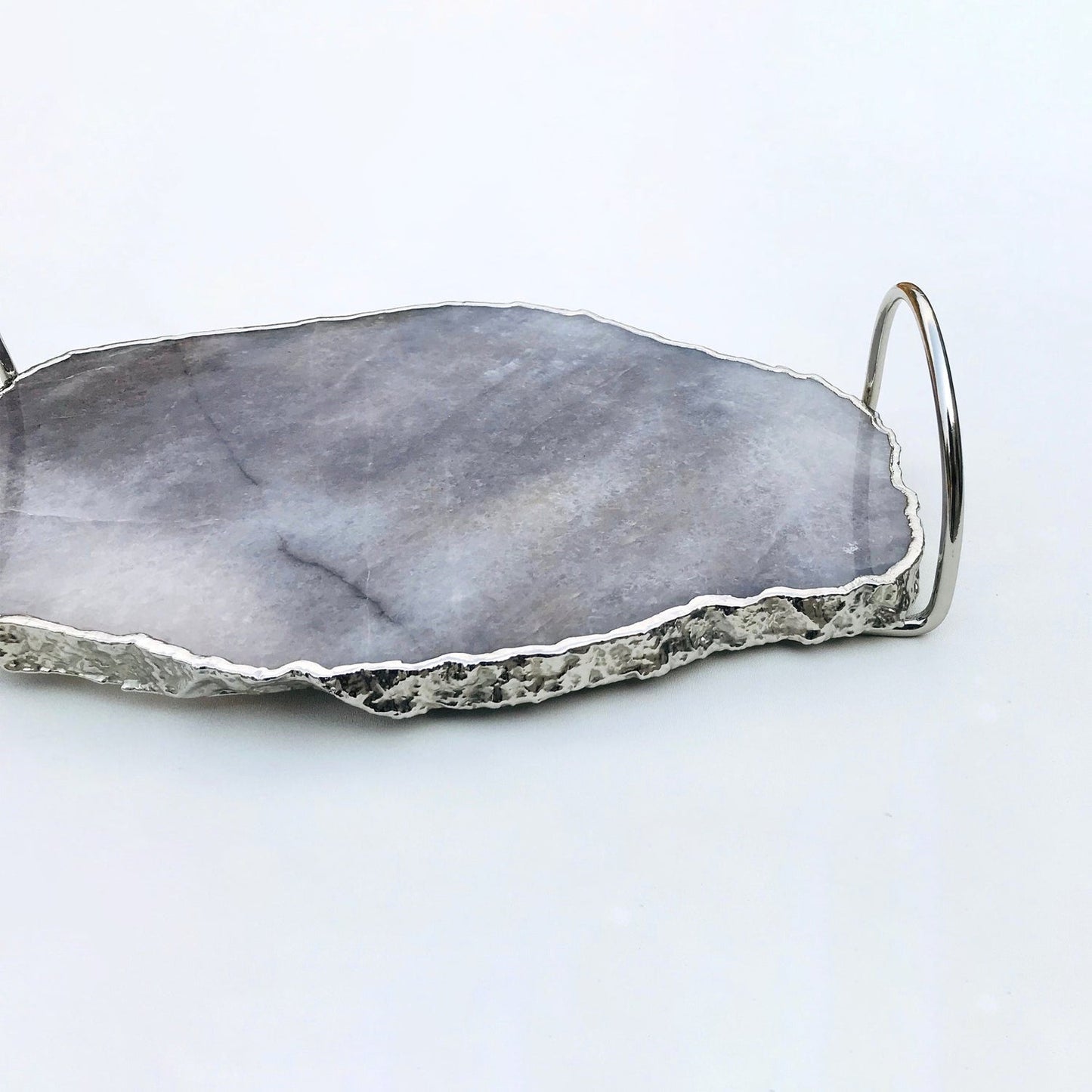Grey Agate Quartz Serving Tray With Silver Finish Loop Handles