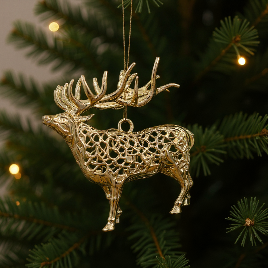 Reindeer christmas ornament | metallic holiday tree decor in gold, silver and antique | set of 2 or 4