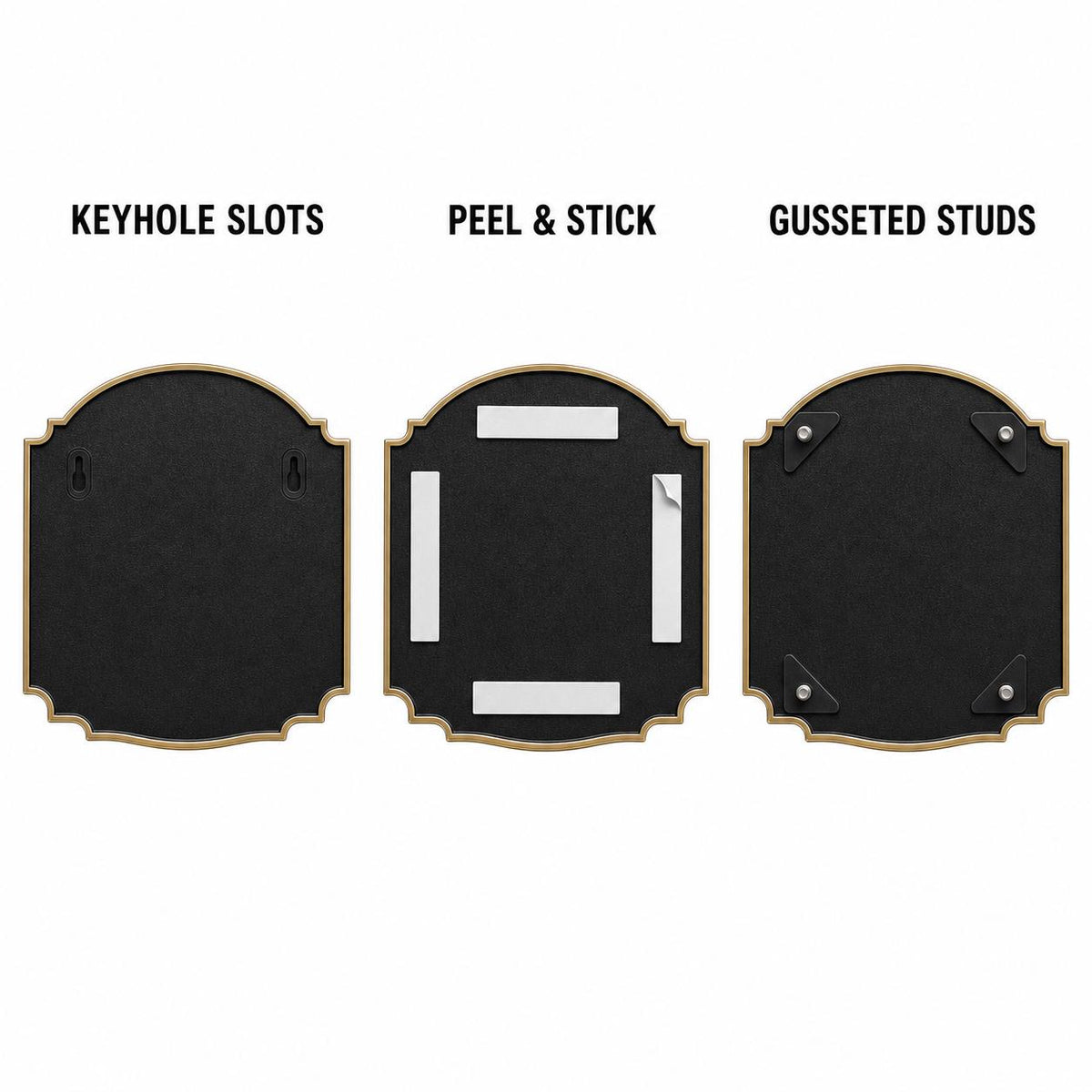 Mounting diagram for the Dogwood plaque comparing keyhole slots, peel-and-stick tape and gusseted studs