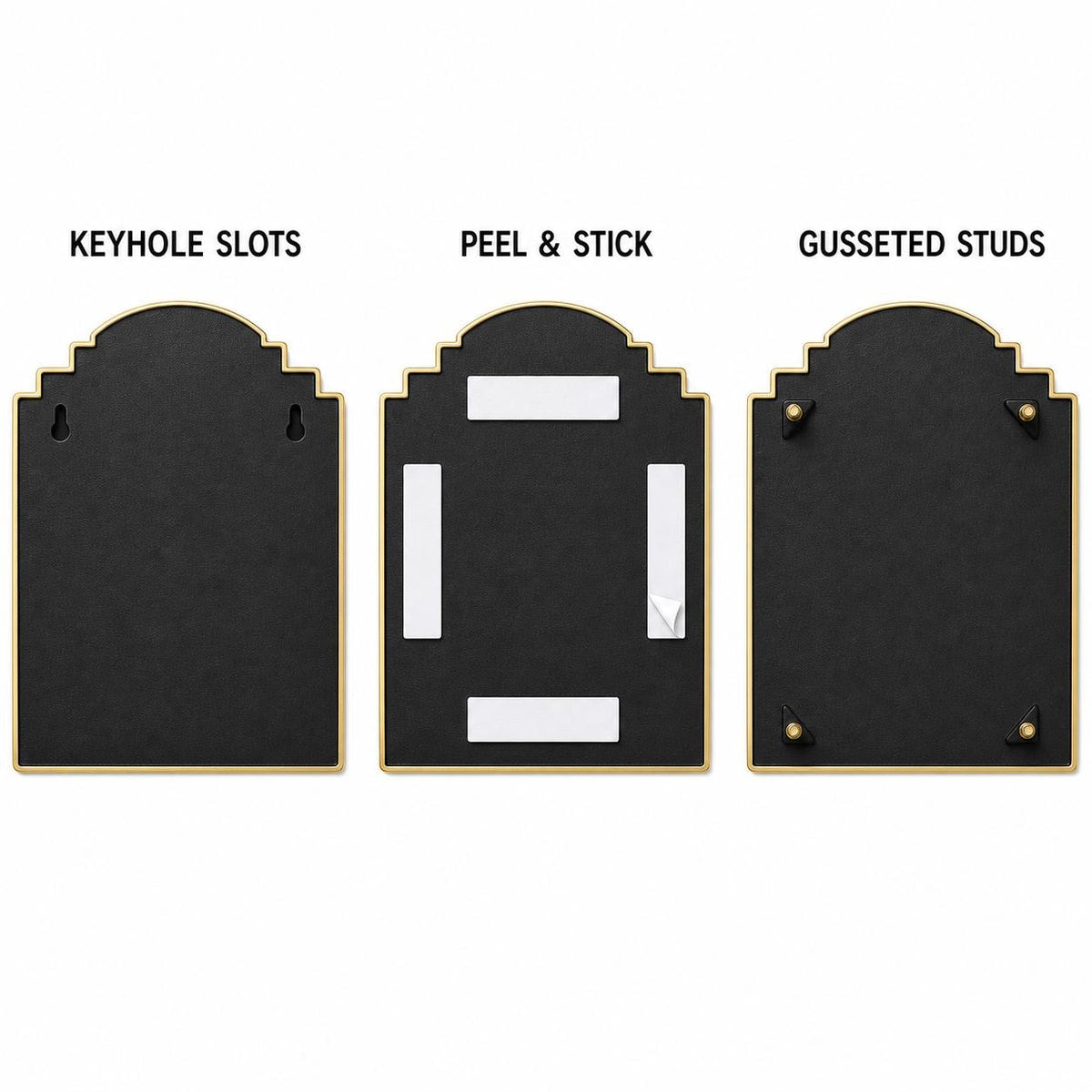 Mounting diagram for the Two Homes plaque comparing keyhole slots, peel-and-stick tape and studs