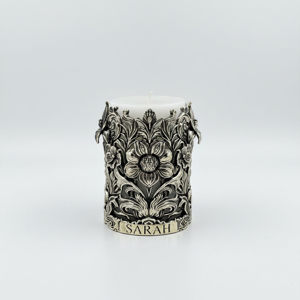 Personalized Antique Brass Candle Holder | Floral Pillar Candle Stand | Handmade Home Décor