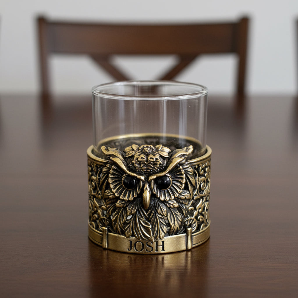 Personalized Owl Whisky Glass | Custom Engraved Whiskey Glass with Owl Holder | Handmade Gift