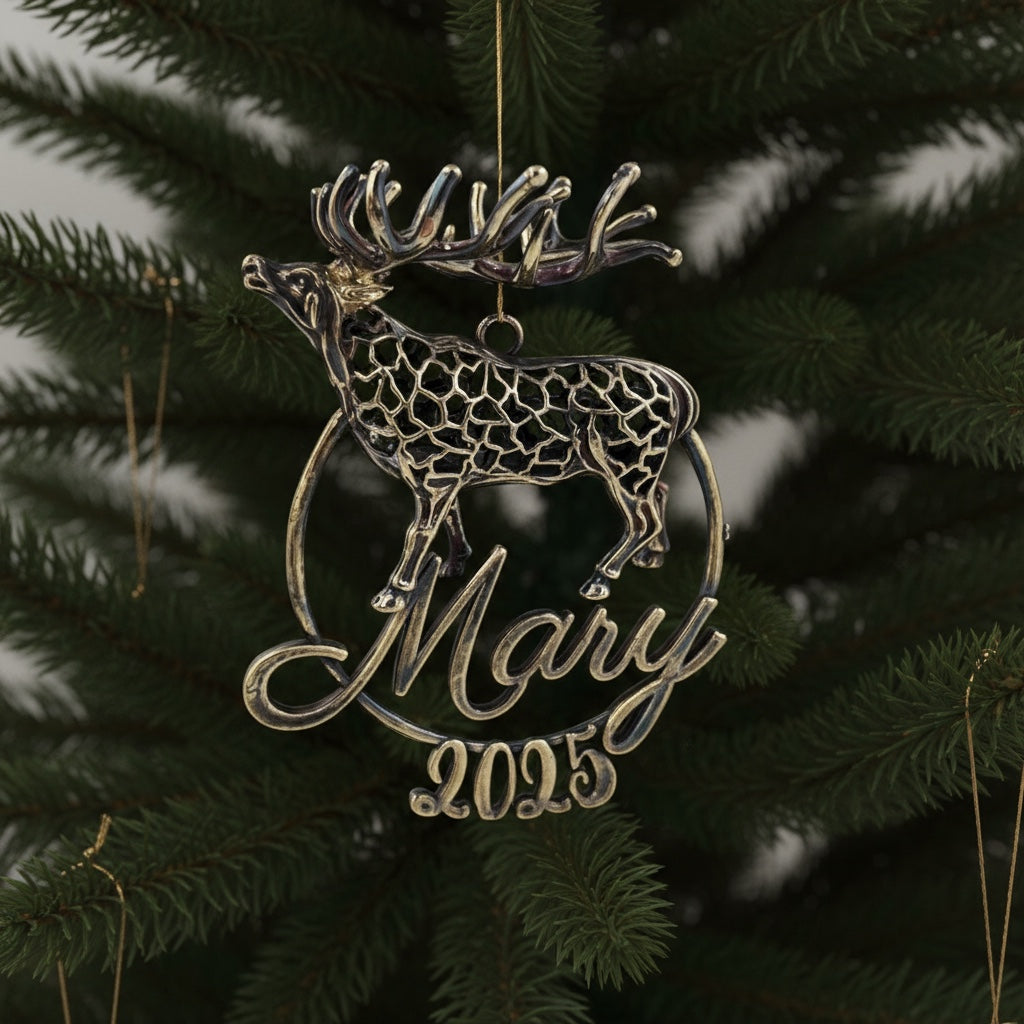 Personalised Reindeer christmas ornament | metallic tree decoration in gold, silver or antique | set of 2 or 4