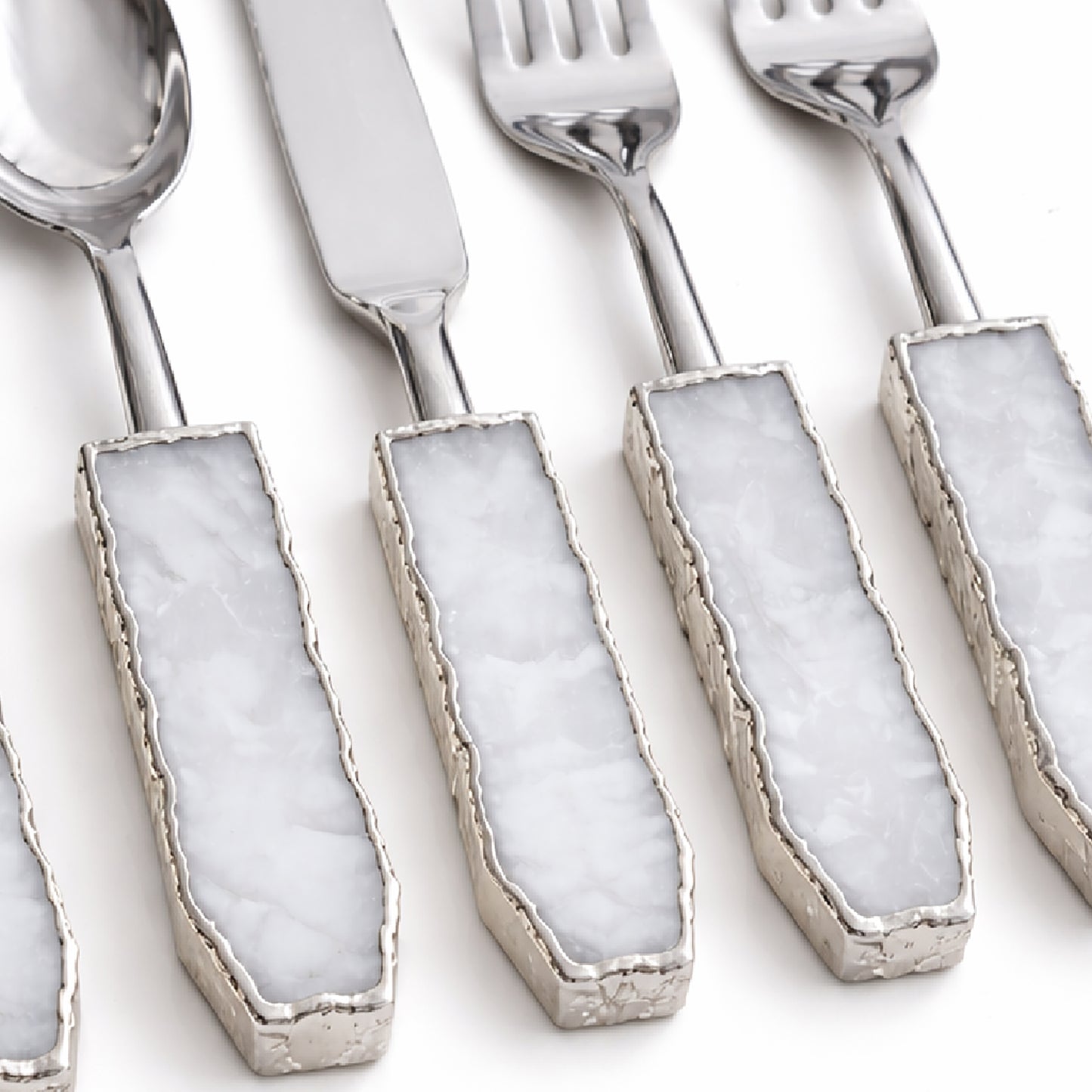 Set of 5 Pieces White Agate Cutlery - Forks/Spoons/Knife