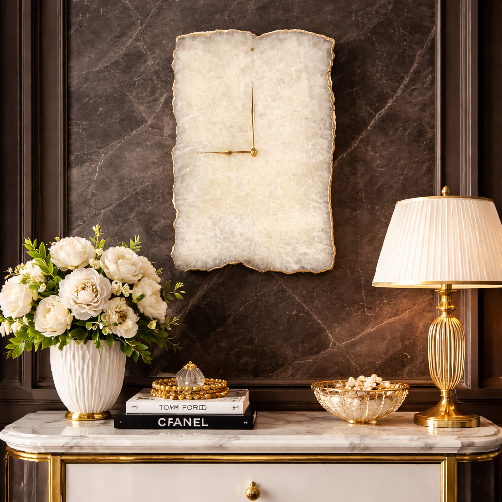 Large White Agate Wall Clock, 10 x 15 inches, agate set in clear resin with an electroformed metal edge