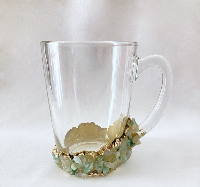 Set of 2 |Crystal Glass Beer/Coffee/Tea/Juice Mugs with Gold Plated Agate/Quartz Semi-precious Crystals | 13 oz/400 ml
