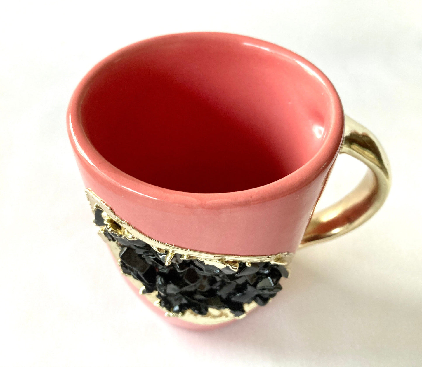 Set of 2 |Pink and Gold Ceramic Coffee/Tea Mug with Black Semi-precious Agate Crystal Gemstones| 8 Oz