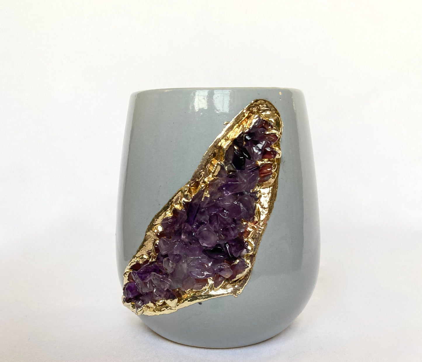 Grey & Gold Ceramic Vase Planter with Amethyst