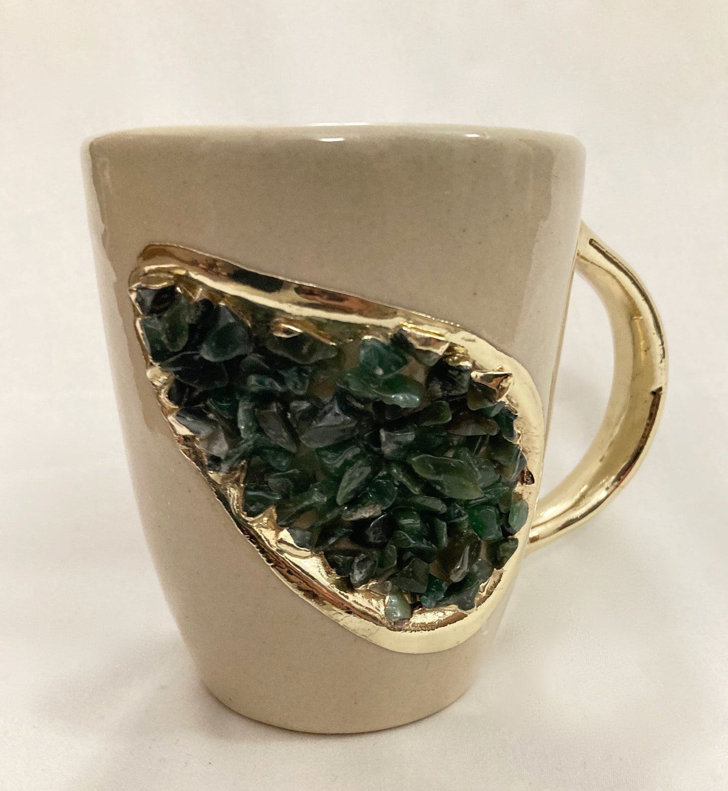 Set of 2 |Personalised Cream and Gold Ceramic Coffee/Tea Mug with Dark Green Semi-precious Agate Crystal Gemstones | 8 oz
