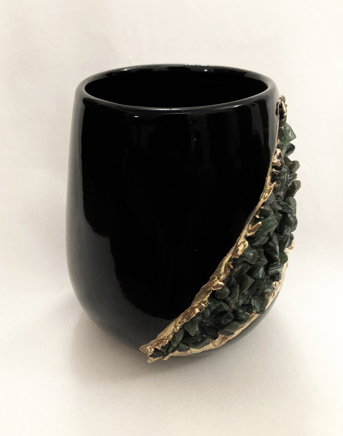 Black and Gold Ceramic Vase/Planter/Pot/Wine Goblet/Mug with Dark Green Semi-precious Agate Crystal Gemstones