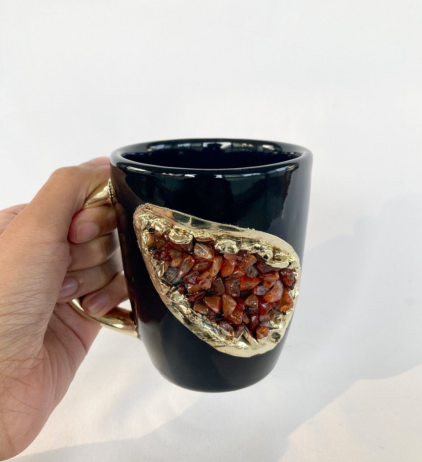 Set of 2 |Personalised Black and Gold Ceramic Coffee/Tea Mug with Red Semi-precious Agate Crystal Gemstones | 8 oz