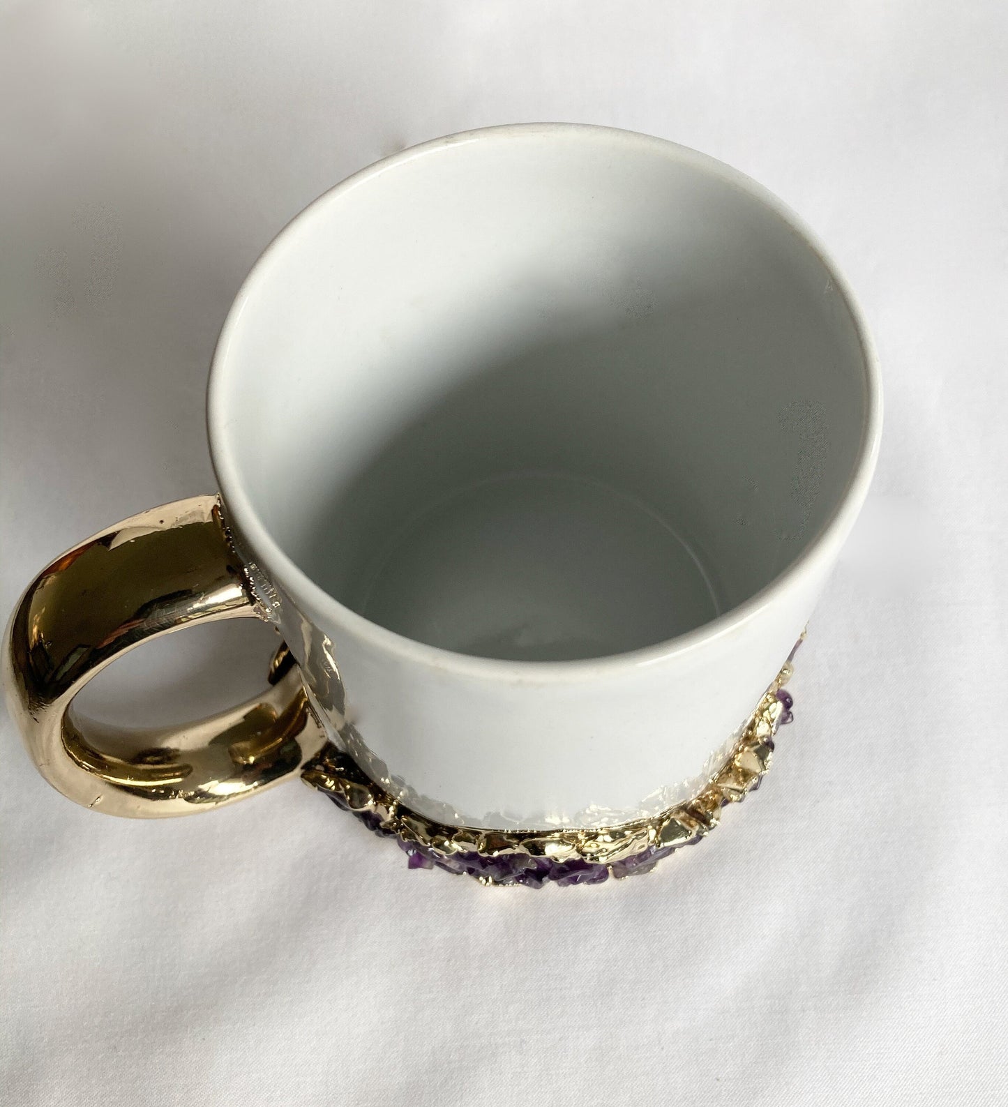 Set of 2 |Personalised White and Gold Ceramic Big Coffee/Tea/Juice Mug with Purple Amethyst Semi-precious Agate Crystal | 13 oz/385ml