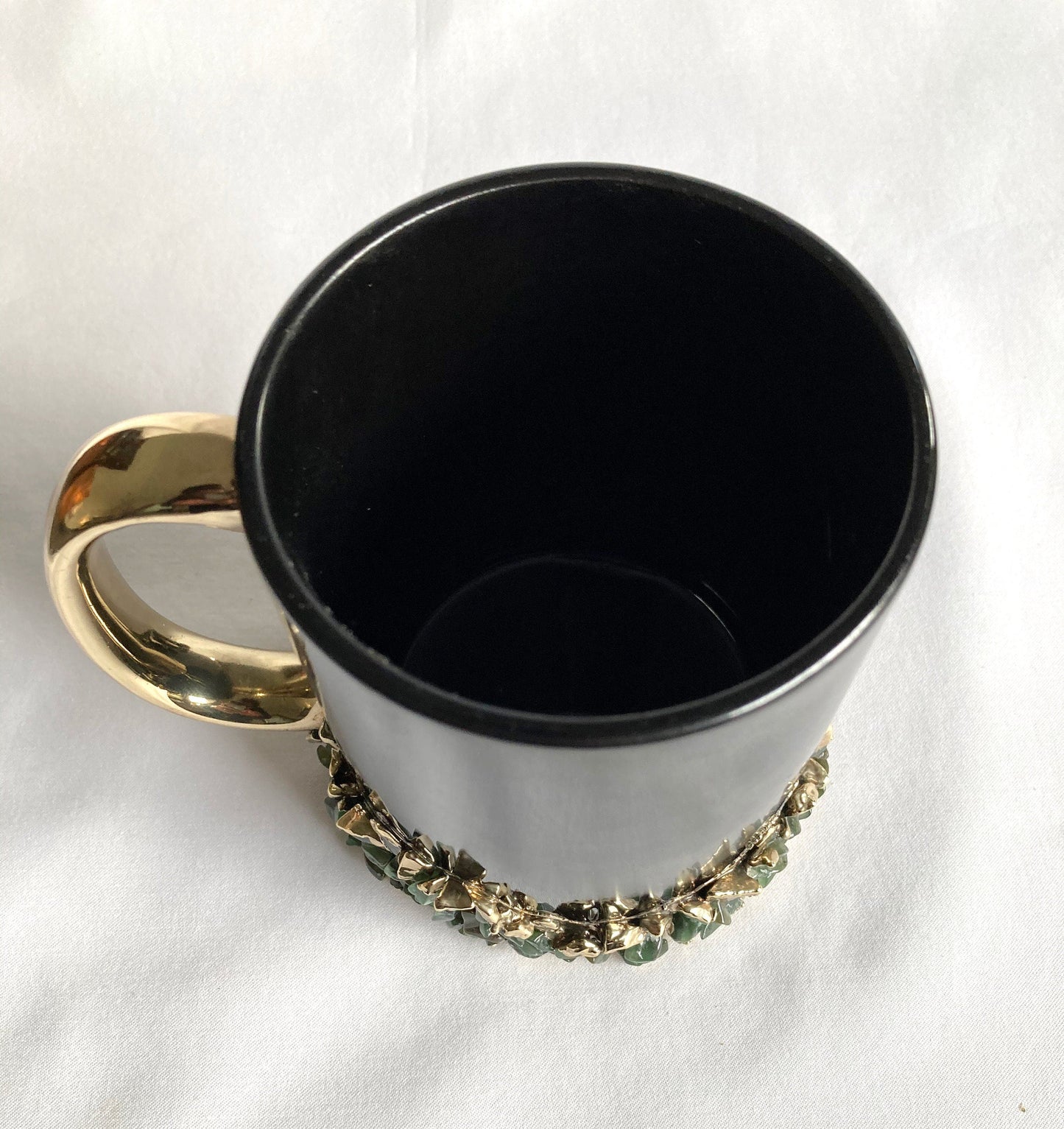 Set of 2 |Personalised Black and Gold Ceramic Big Coffee/Tea/Juice/Beverage Mug with Dark Green Semi-precious Agate Crystal | 13 oz/385ml
