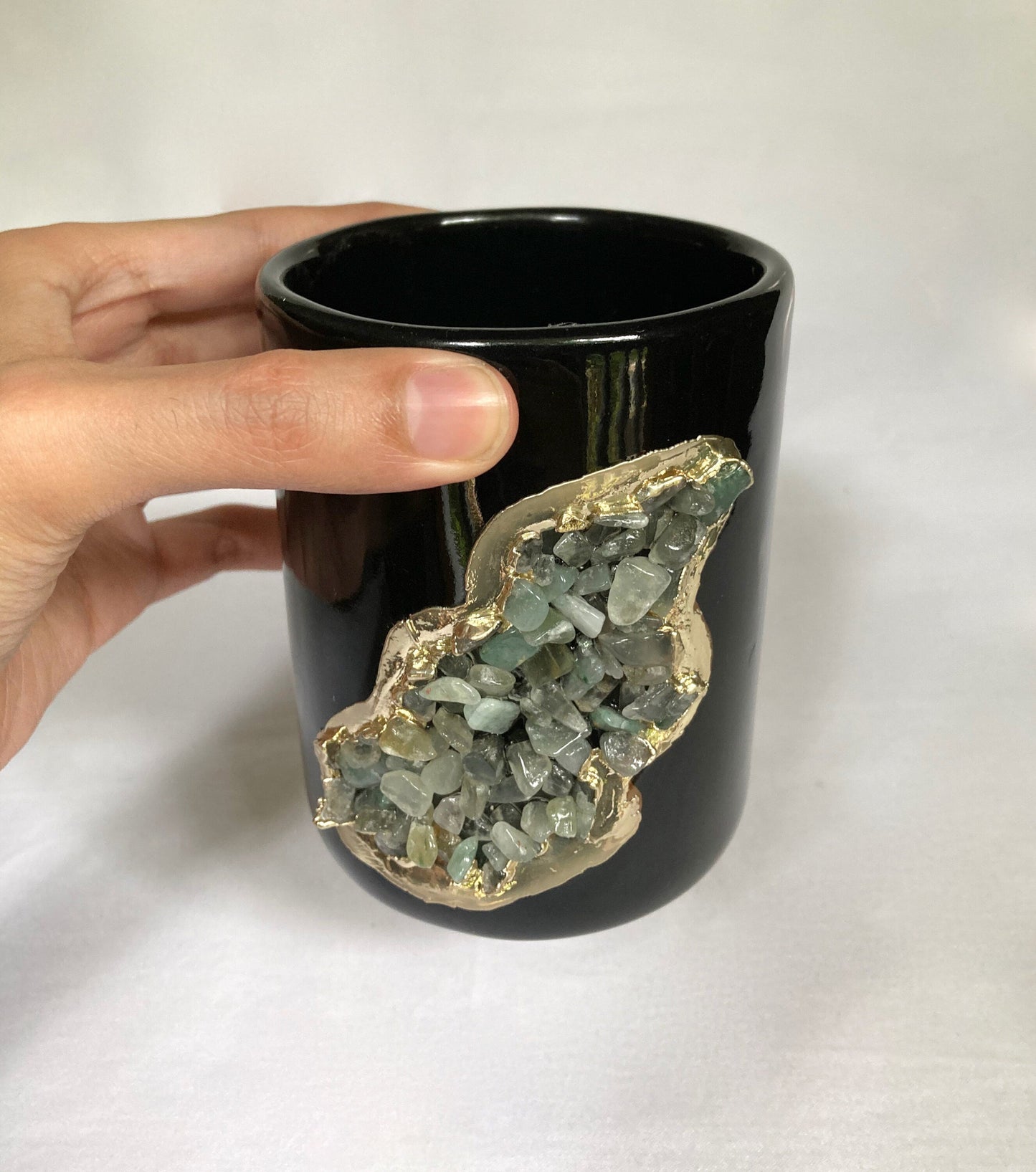 Set of 2 |Black and Gold Ceramic Vase/Planter/Pot/Wine Goblet/Mug/Pen/Pencil Stand with Light Green Semi-precious Agate Crystal Gemstones