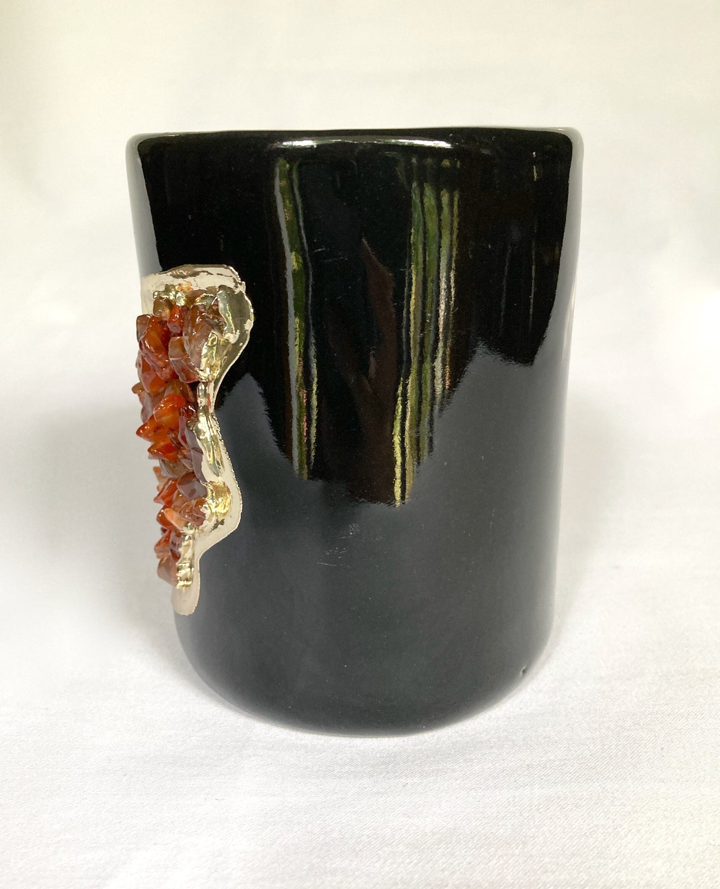 Set of 2 |Black and Gold Ceramic Vase/Planter/Pot/Wine Goblet/Mug/Pen/Pencil Stand with Red Semi-precious Agate Crystal Gemstones