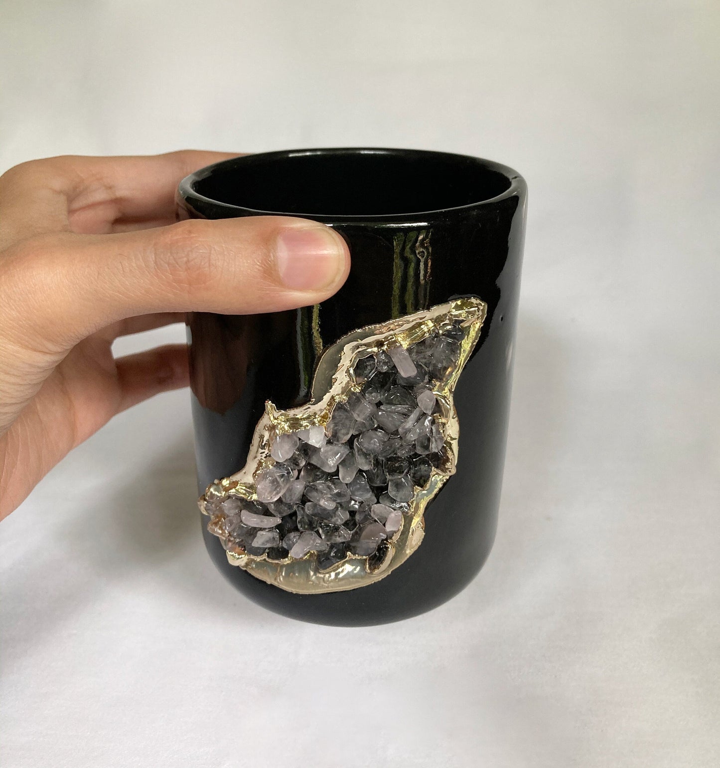 Black & Gold Ceramic Vase with Amethyst Accents