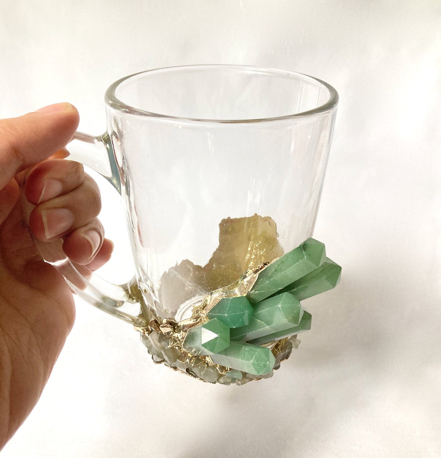 Set of 2 |Crystal Glass Coffee/Tea/Juice Mugs with Gold Plated Green Agate Semi-precious Crystals | 11 oz/320 ml