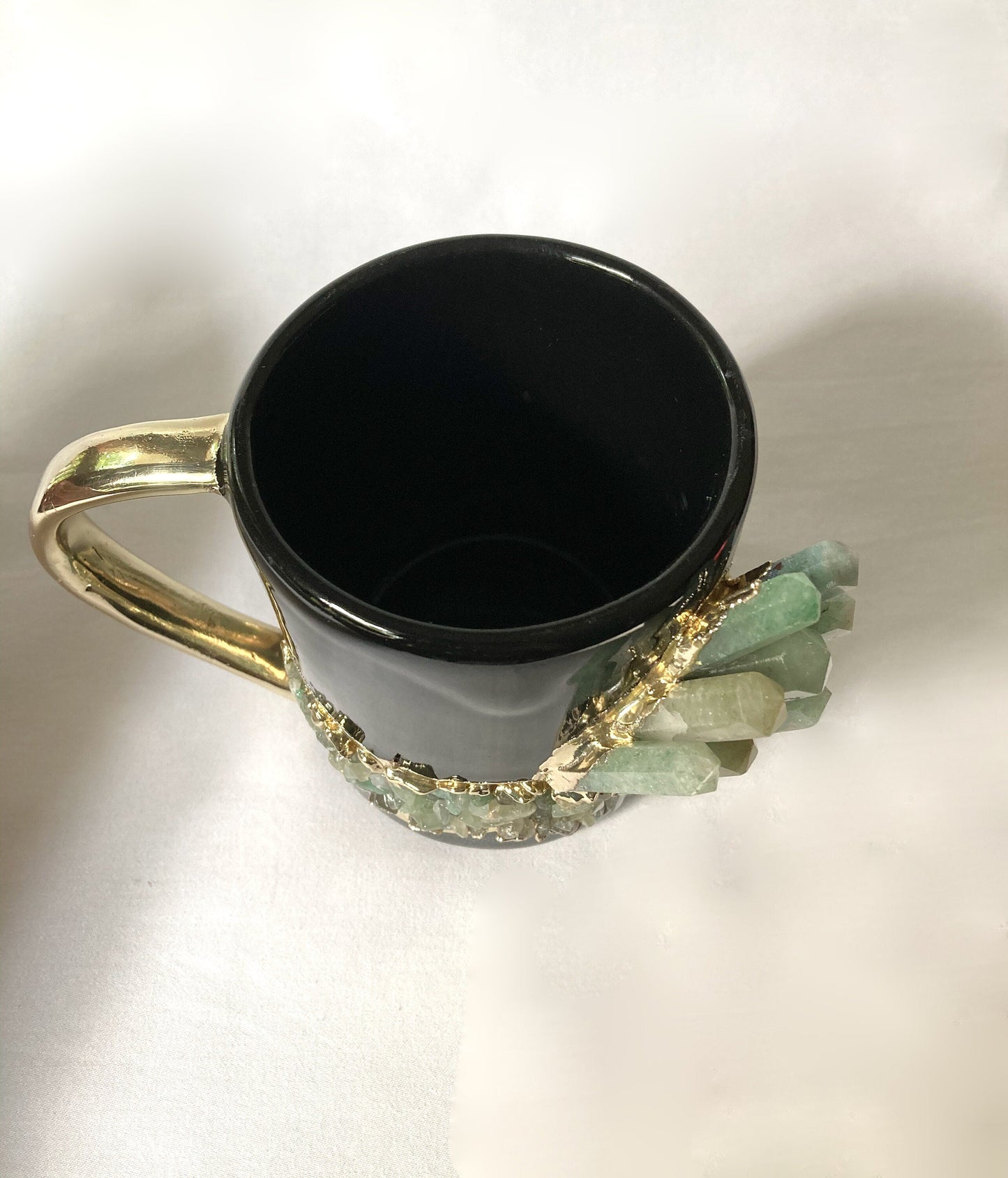 Set of 2 |Black and Gold Ceramic Big Coffee/Tea/Juice/Beverage Mug with Green Semi-precious Agate Crystal | 12 oz/355 ml