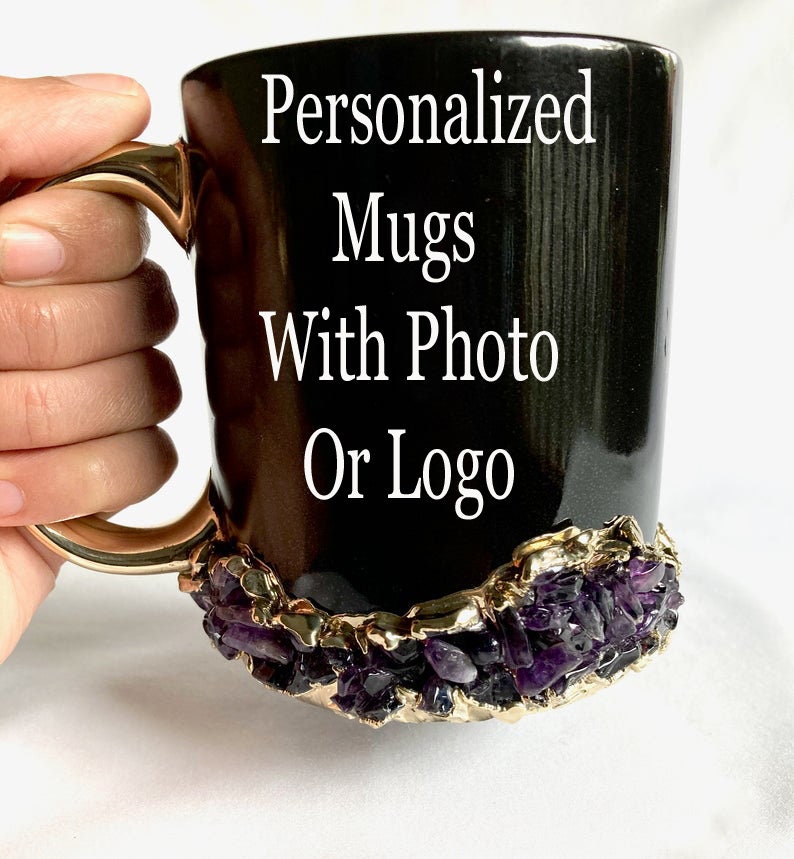 Set of 2 |Personalised Black ,Gold Ceramic Big Coffee/Tea/Juice Mug with Purple Amethyst Semi-precious Agate Crystal Gemstones | 13 oz/385ml