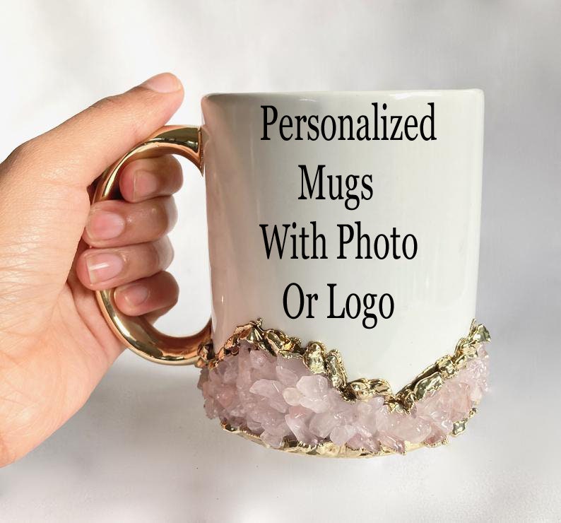 Set of 2 |Personalised White and Gold Ceramic Big Coffee/Tea/Juice/Beverage Mug with Rose Quartz Semi-precious Agate Crystal | 13 oz/385ml