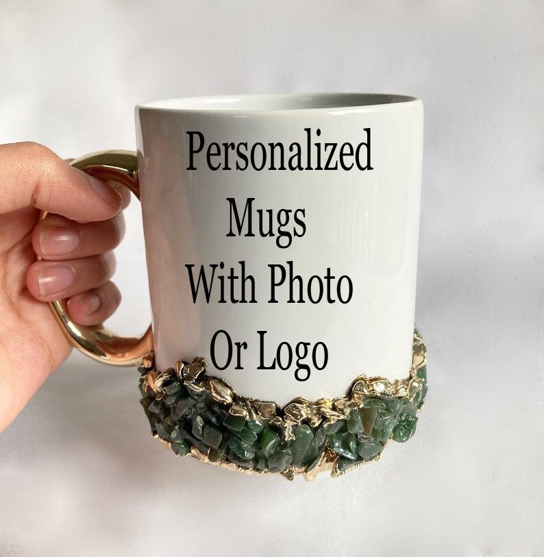 Set of 2| Personalised White ,Gold Ceramic Big Coffee/Tea/Juice/Beverage Mug, Dark Green Semi-precious Agate Crystal Gemstones | 13 oz/385ml
