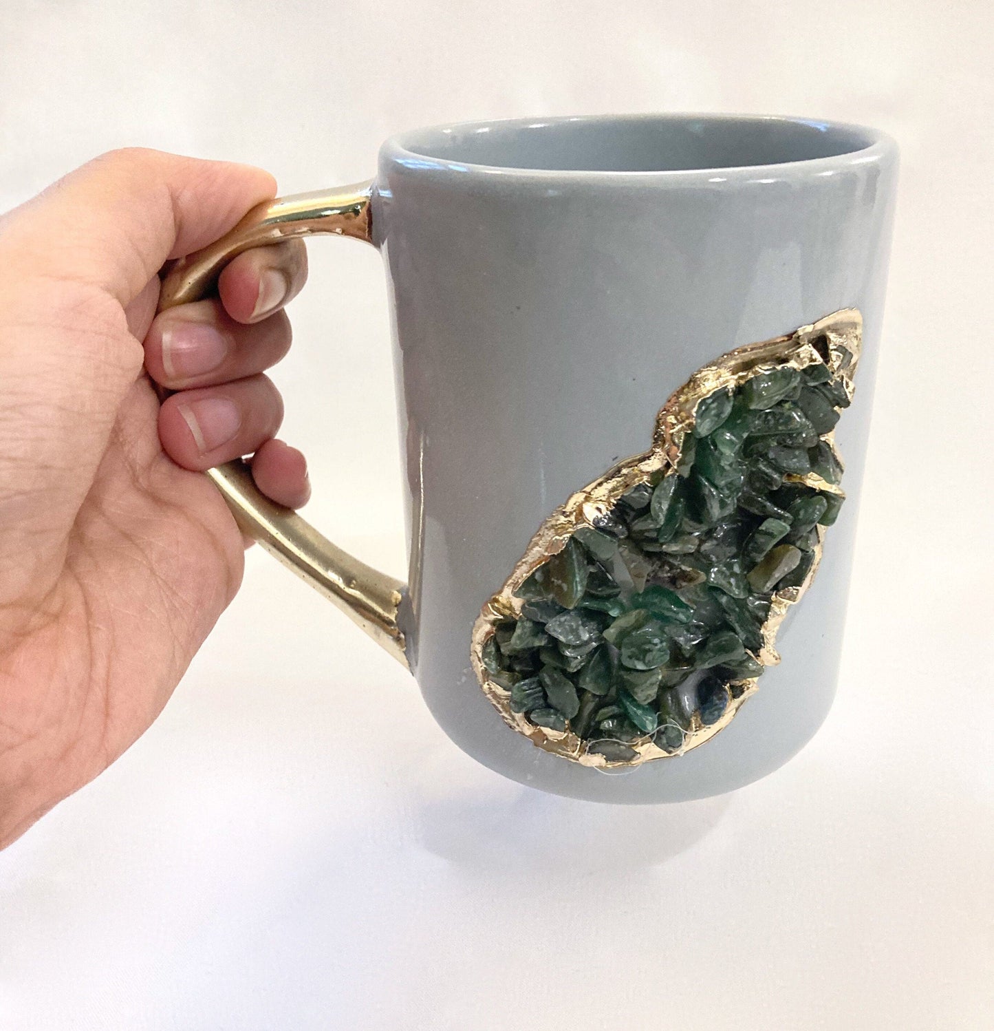 Set of 2 |Personalised Grey and Gold Ceramic Big Coffee/Tea/Juice/Beverage Mug with Dark Green Semi-precious Agate Crystal | 12 oz/355ml