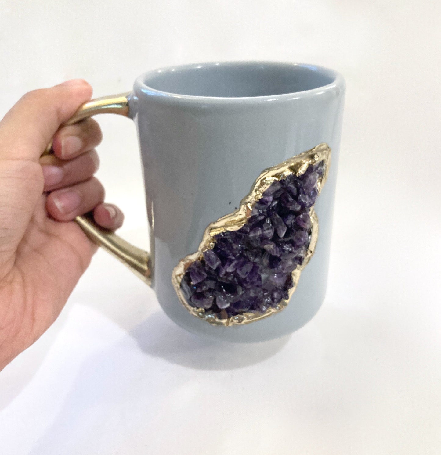 Set of 2 |Personalised Grey, Gold Ceramic Big Coffee/Tea/Juice/Beverage Mug, Amethyst Semi-precious Agate Crystal Gemstones | 12 oz/355ml